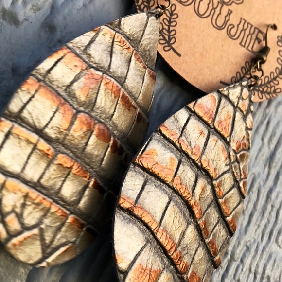 Metallic Silver and Brown Genuine Embossed Leather Teardrop Dangle Earrings - Picture 8 of 9